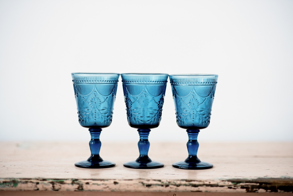 New Blue Goblets 30 Lost And Found Event Rentals   Vintage Prop Rentals Glass 017 1024x684 